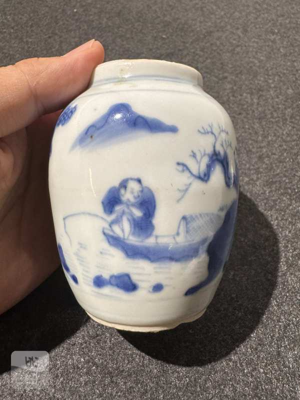 明崇祯 青花刘阮遇仙图莲子罐 - 图3